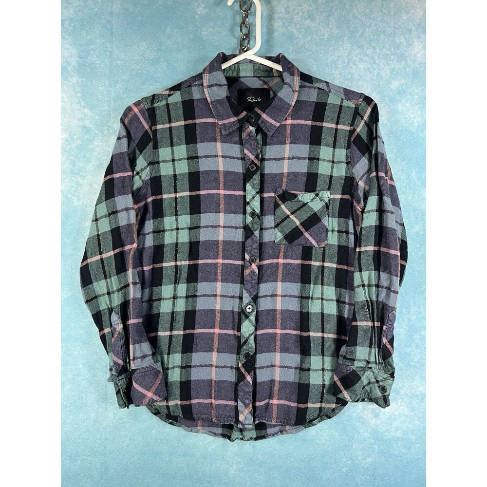 Y2K VTG Rails Shirt Medium Womens Teal Navy Pink Hunter Button Up Plaid Flannel